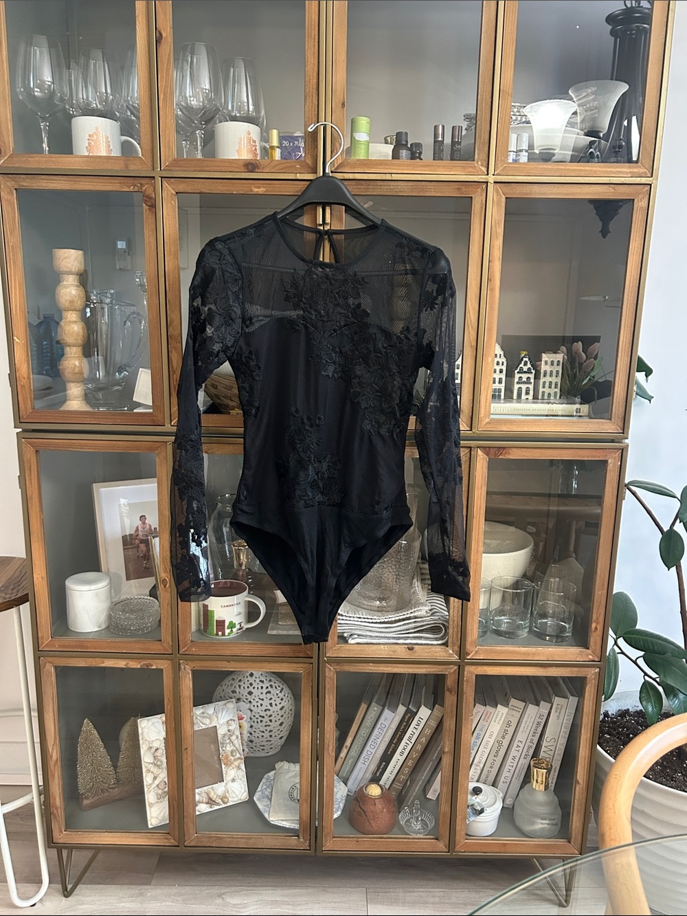 Black Sheer Lace Long-Sleeve Bodysuit